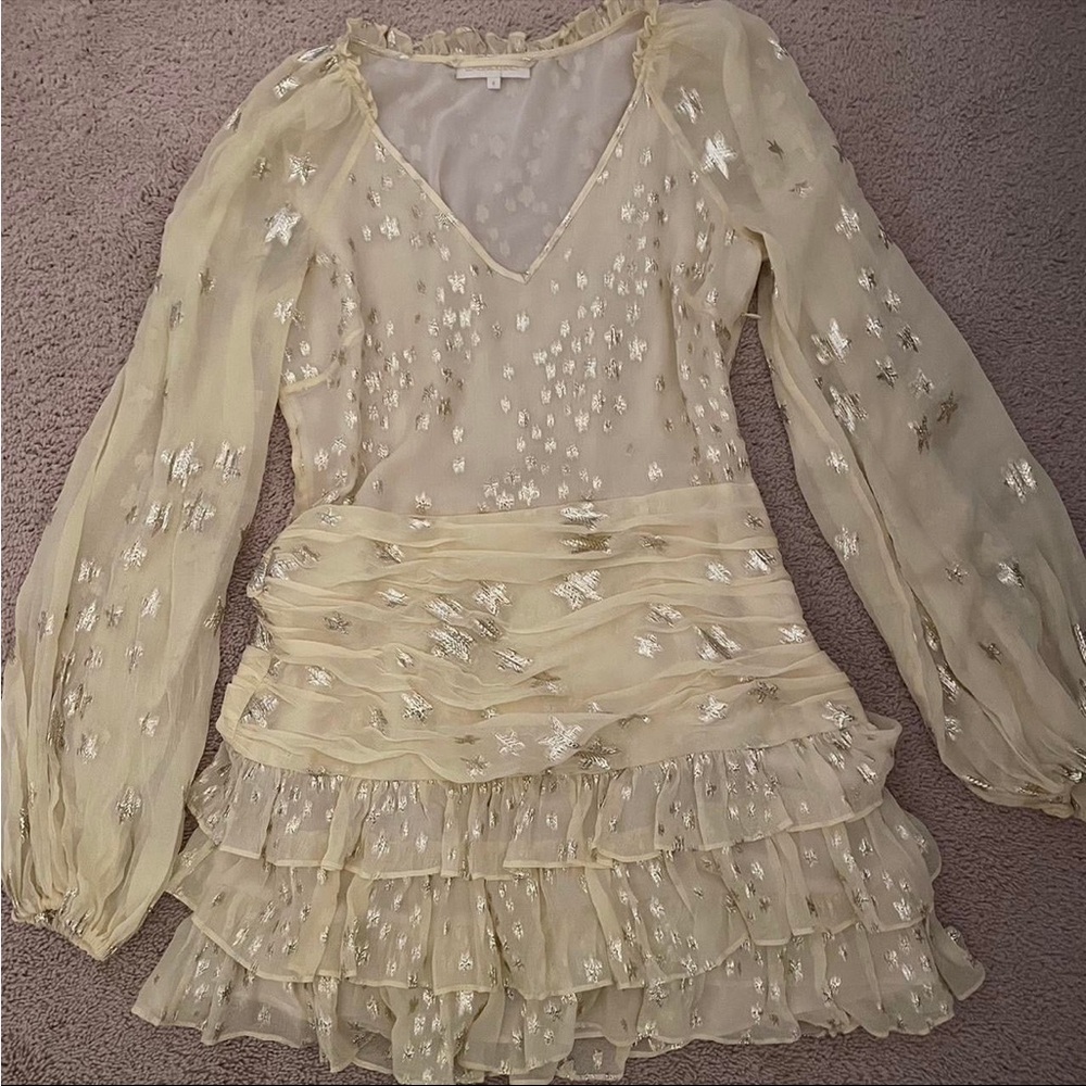 LoveShackFancy yellow Rina dress metallic stars